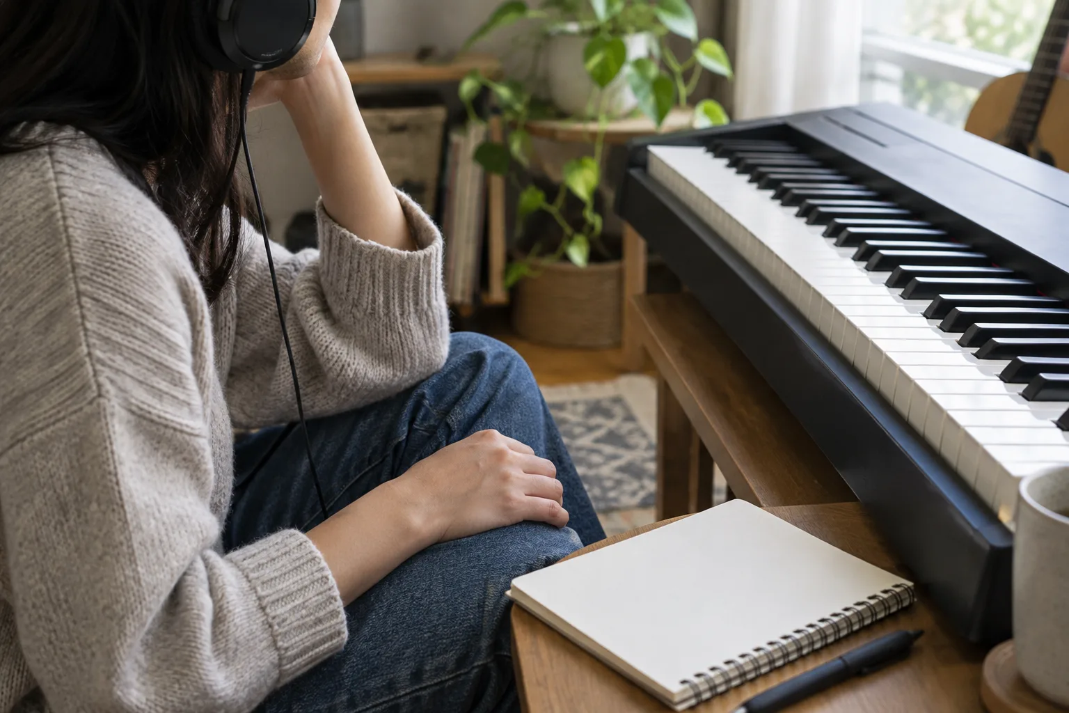 Un musicien écoute une mélodie au casque, près d’un clavier qu’il ne joue pas encore.