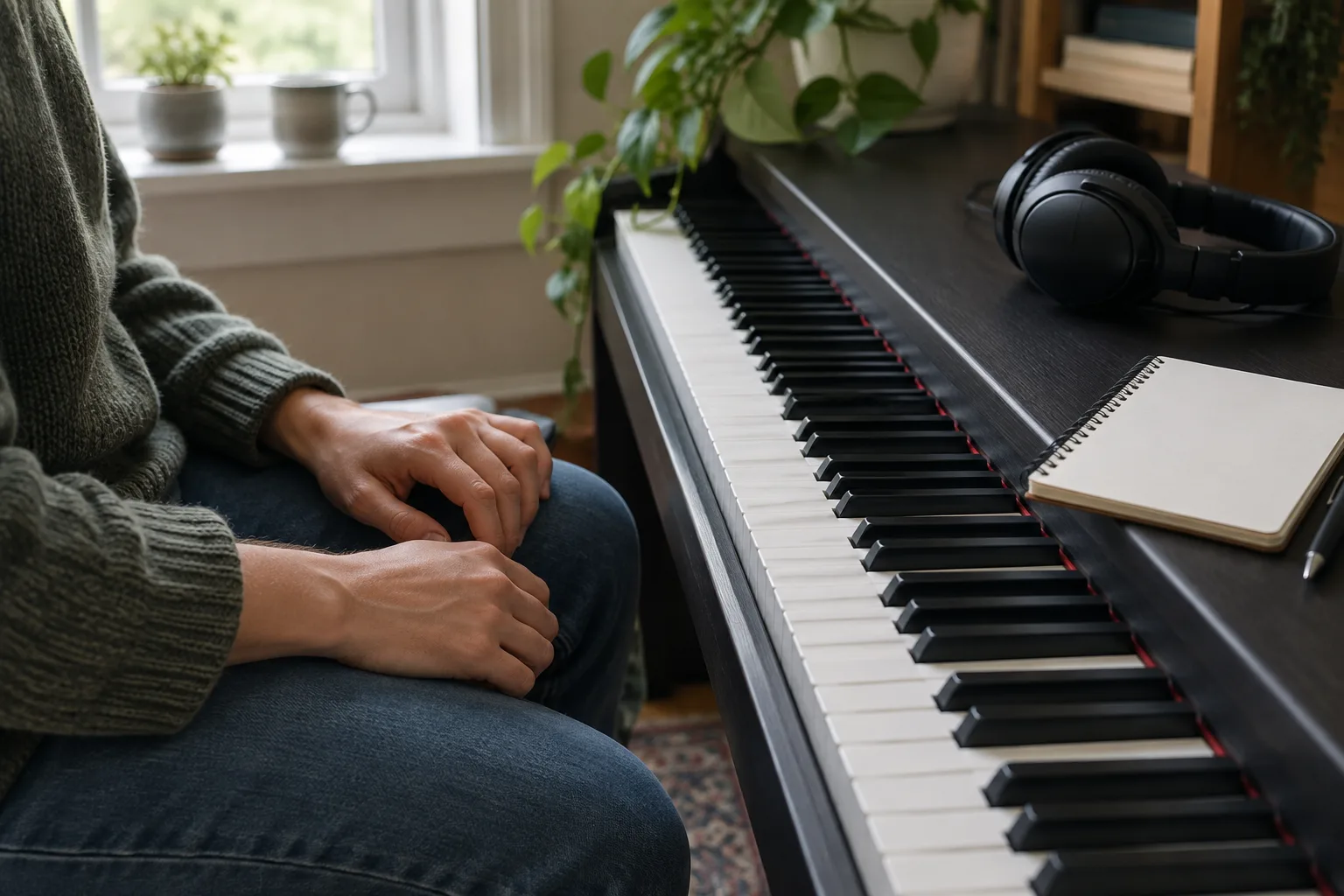 Un clavier, un casque audio et un carnet ouvert dans un espace de pratique musicale.