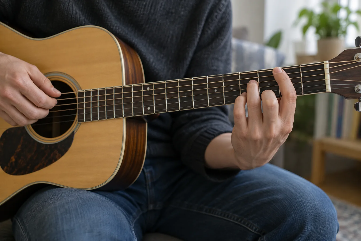 Un guitariste travaille le passage entre deux positions d’accord sur le manche.