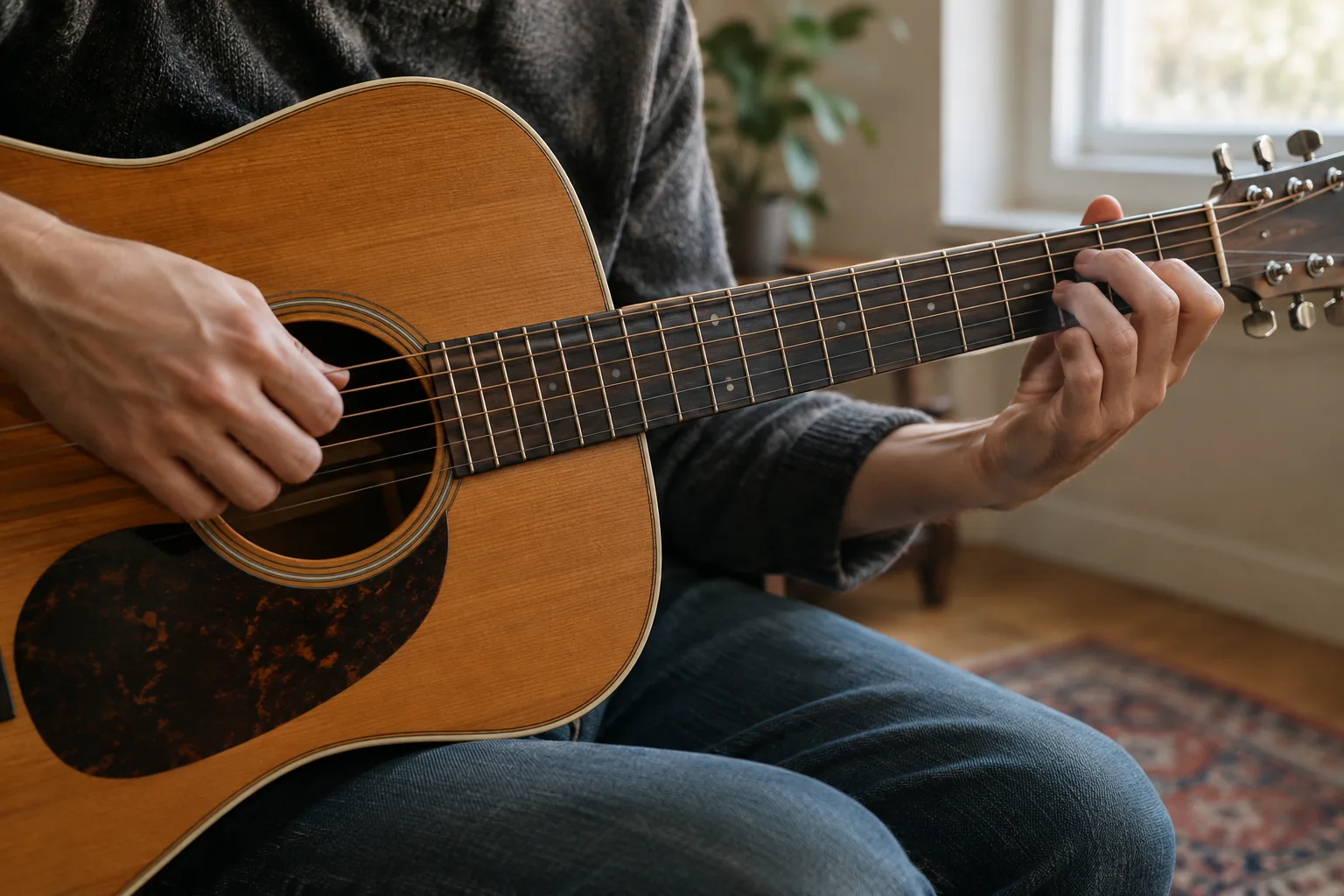 Des mains changent de position sur le manche d’une guitare acoustique.