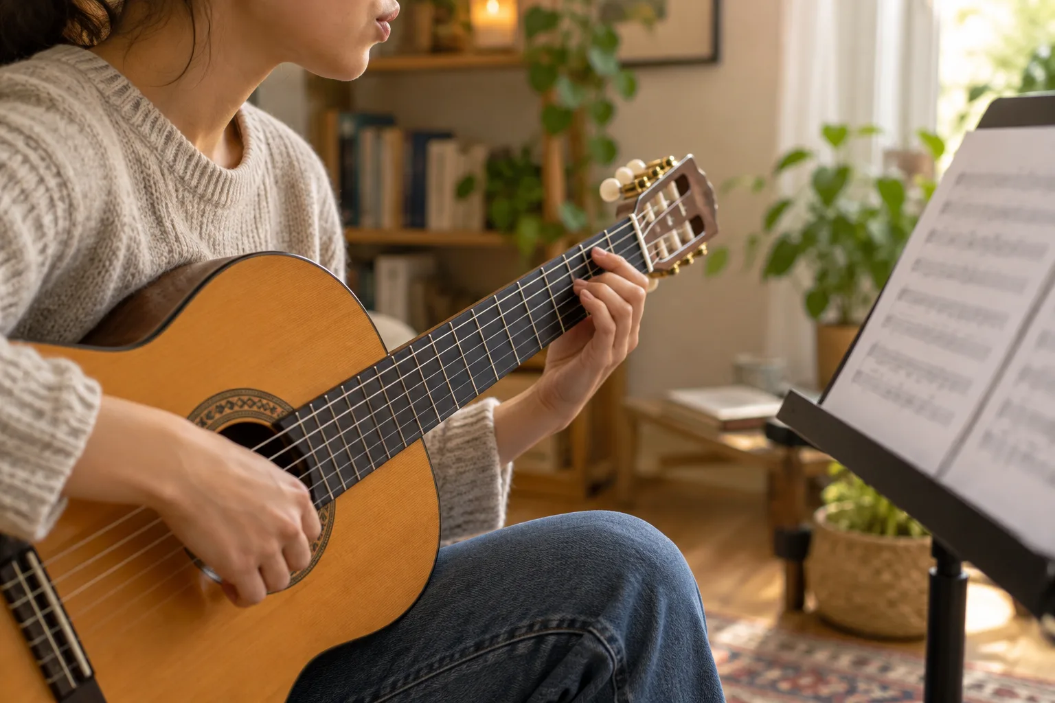 Un guitariste fredonne une courte phrase en consultant son pupitre.