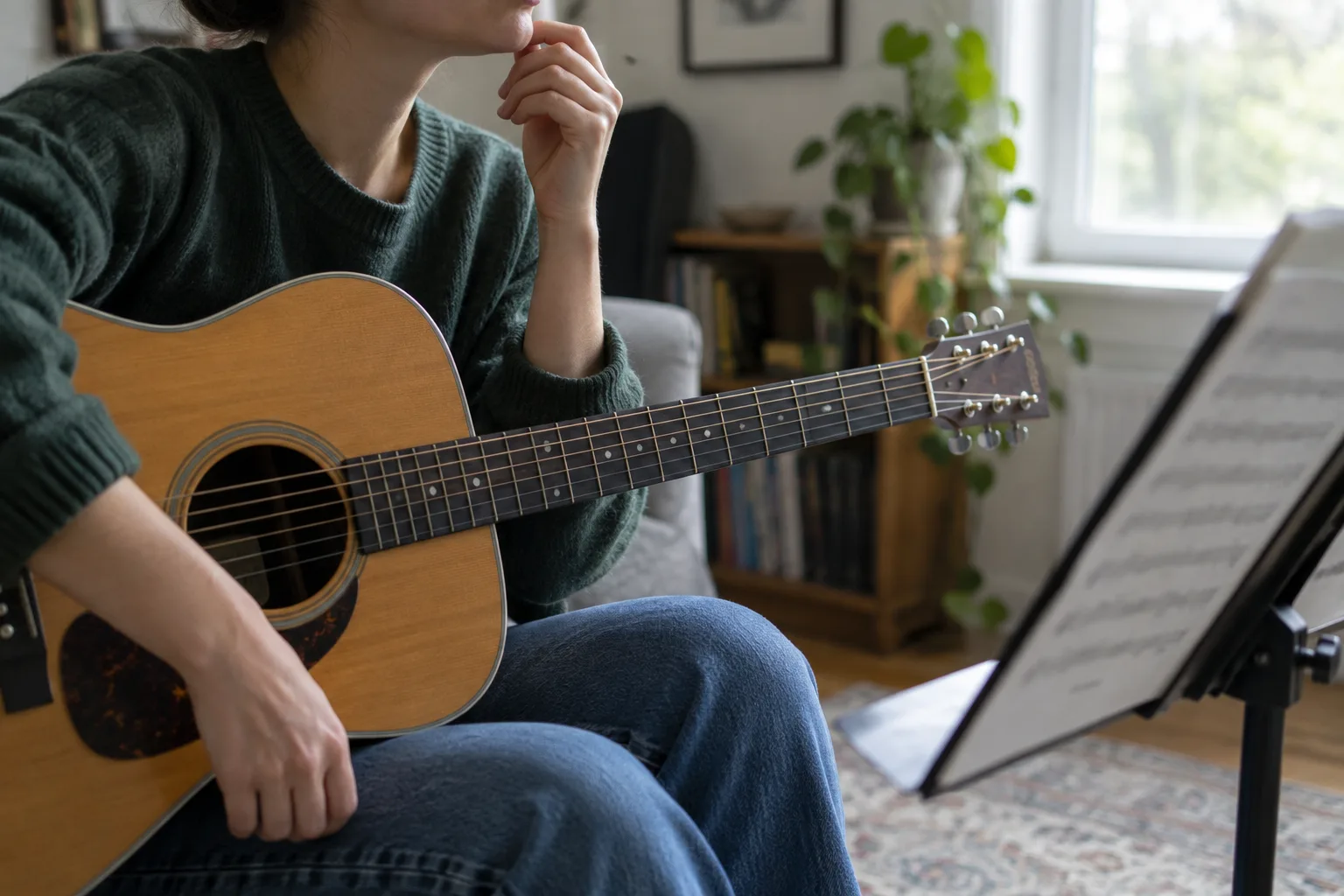 Un musicien avec une guitare prend le temps d’écouter une mélodie devant son pupitre.