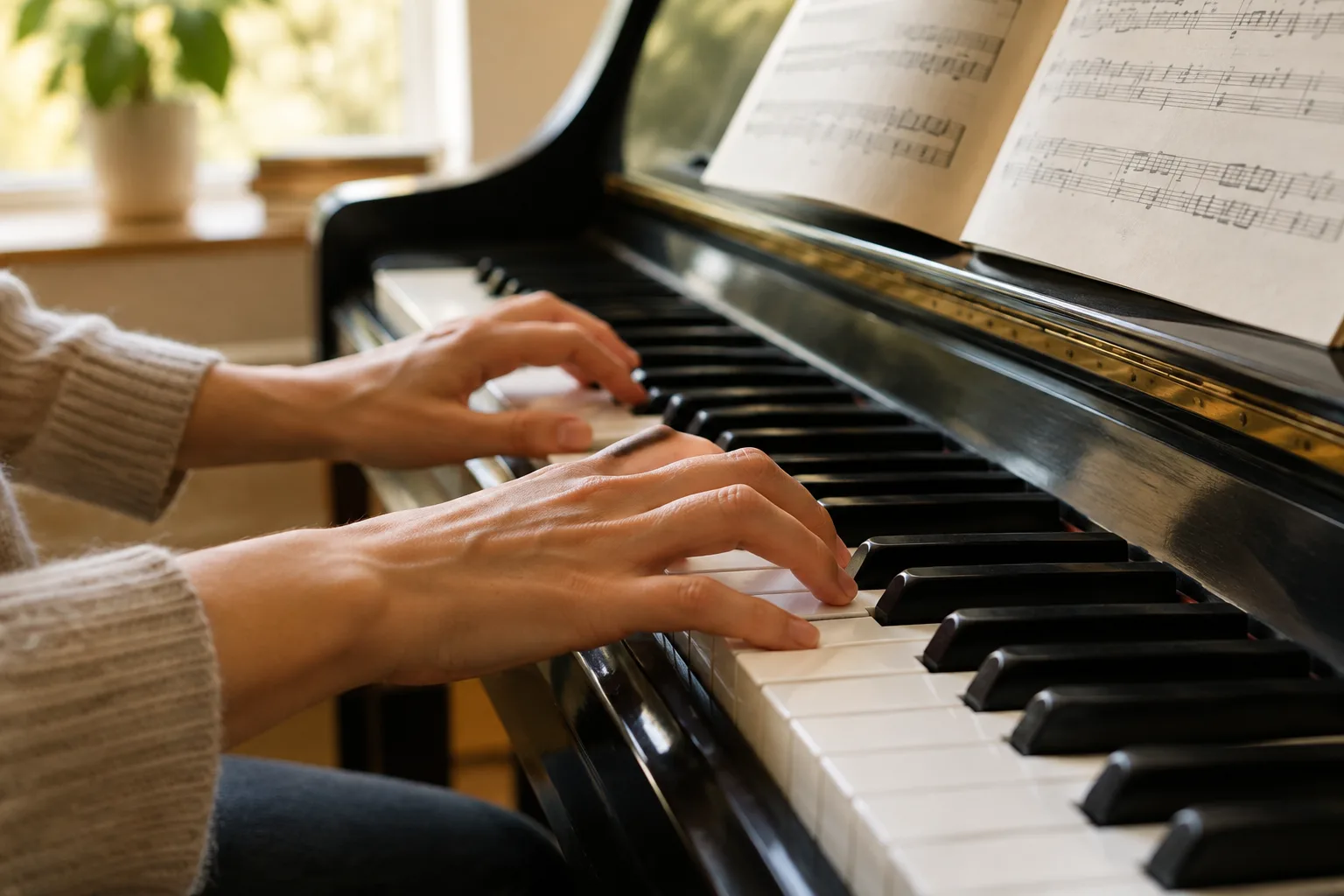 Un pianiste teste un passage au clavier, partition posée à proximité.