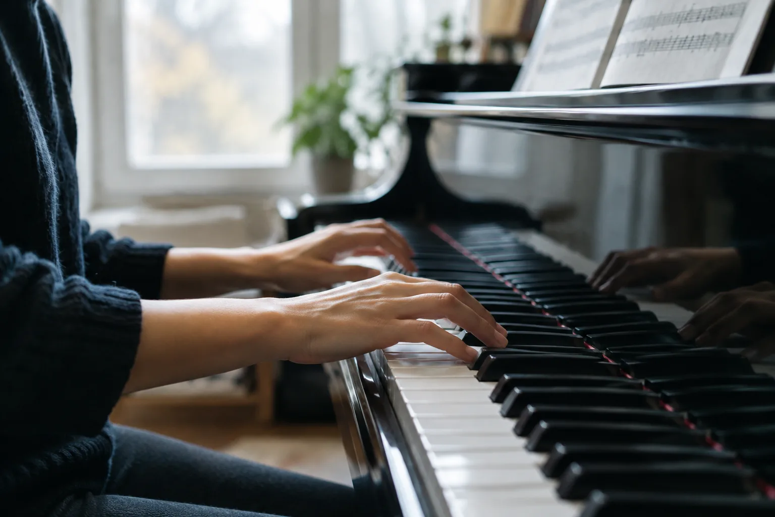 Mains d’un pianiste en train de jouer sur un clavier de piano.