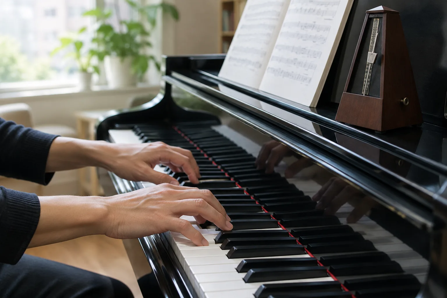 Un musicien travaille quelques mesures au piano, avec un métronome à proximité.