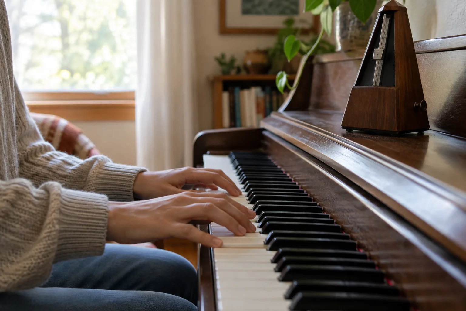 Des mains jouent un passage au piano près d’un métronome posé sur le pupitre.