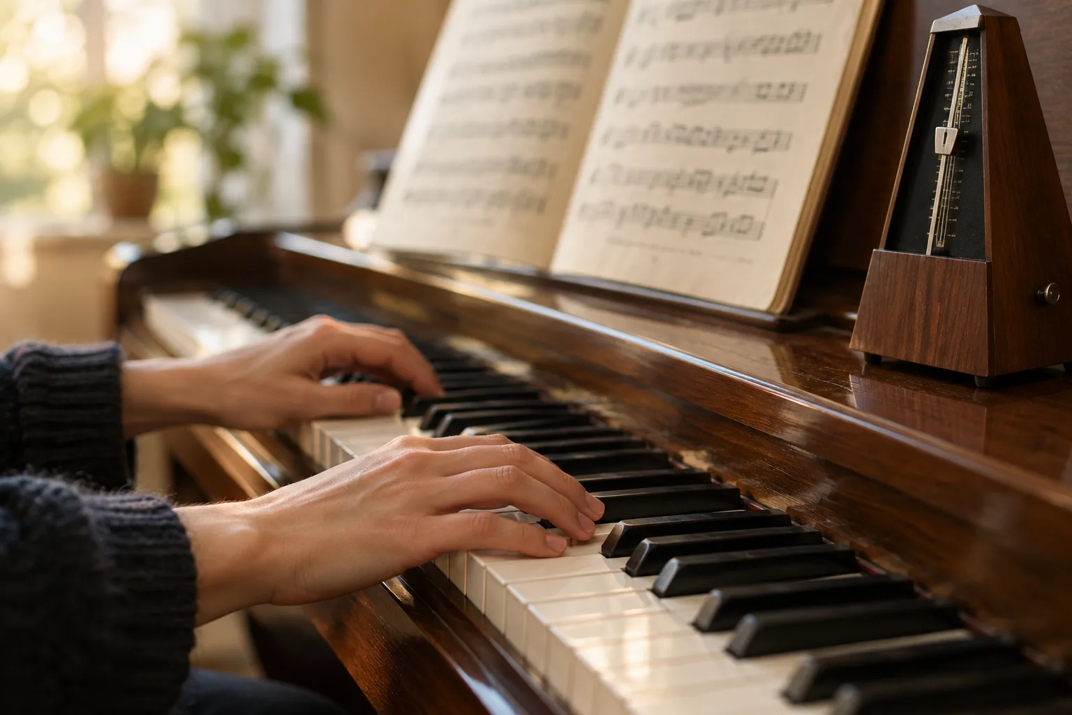 Un musicien travaille au piano avec un métronome placé près de la partition.