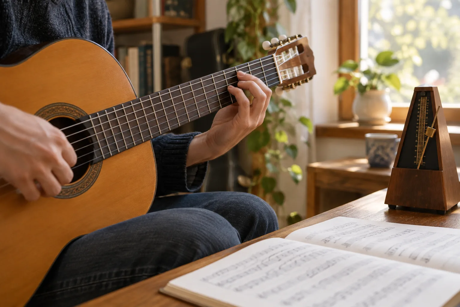 Des mains jouent de la guitare près d’un métronome posé à côté d’une partition.