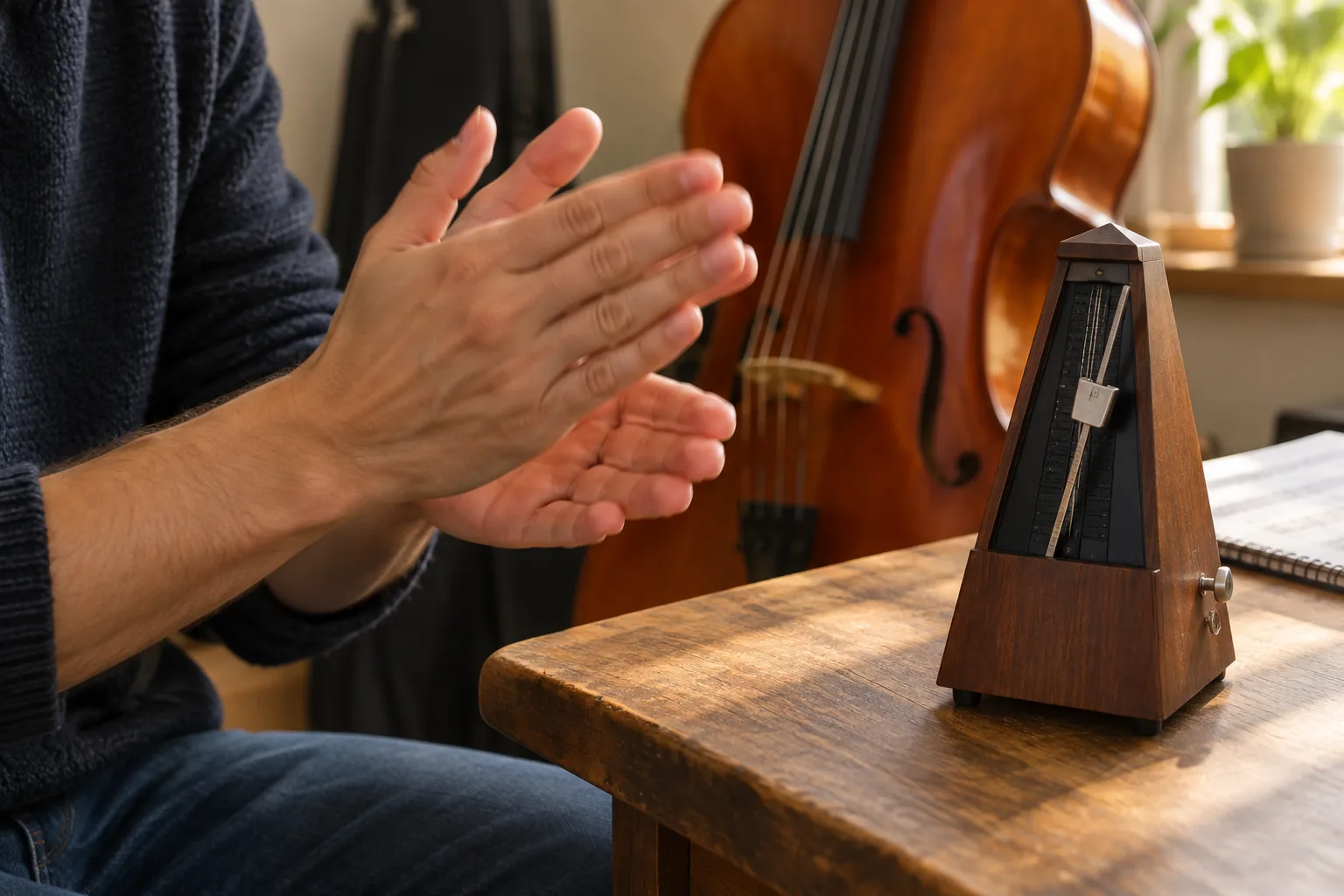 Des mains marquent la pulsation à côté d’un métronome pendant un exercice rythmique.
