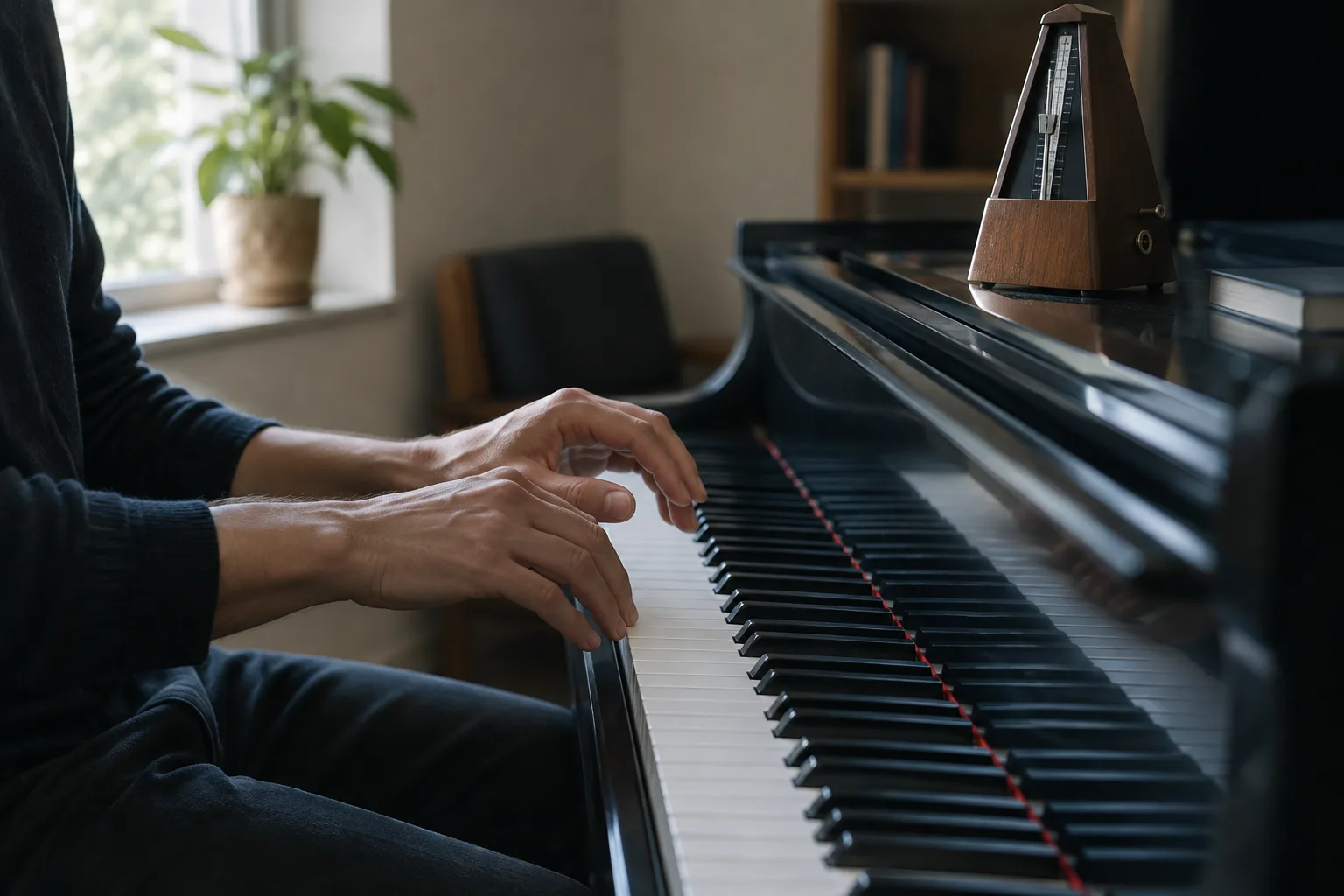 Des mains suspendues au-dessus d’un clavier, près d’un métronome, pendant une pause musicale.