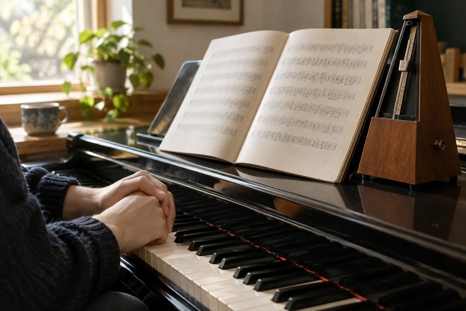 Des mains près d’une partition ouverte et d’un métronome posé sur un piano.
