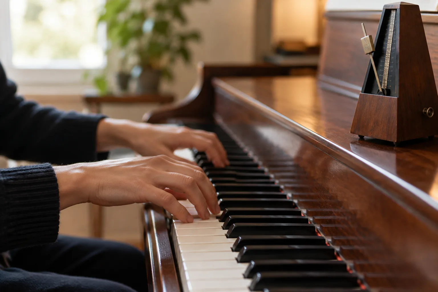 Des mains au piano jouent un motif rythmique à côté d’un métronome.