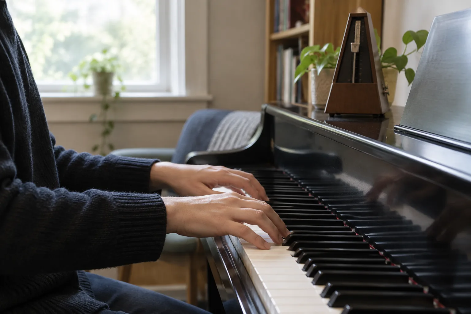Des mains jouent une gamme au piano près d’un métronome.