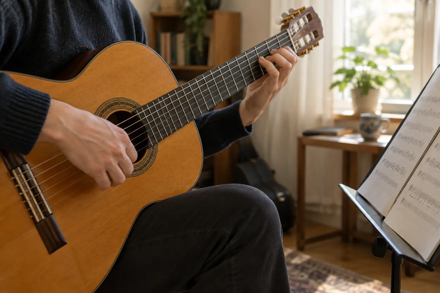 Des mains jouent doucement quelques notes sur une guitare classique dans une pièce lumineuse.