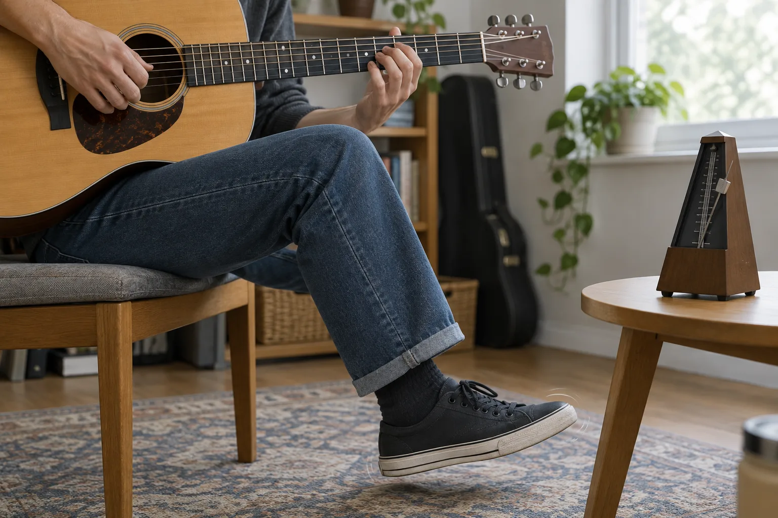Un guitariste travaille le placement rythmique en gardant la pulsation avec le pied.