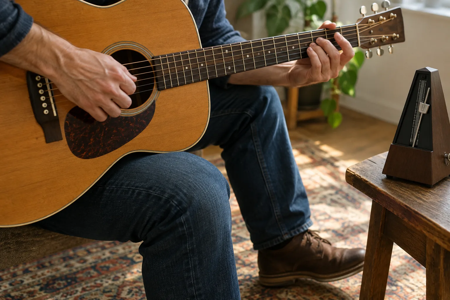 Des mains jouent une phrase à la guitare tandis qu’un pied marque discrètement la pulsation près d’un métronome.