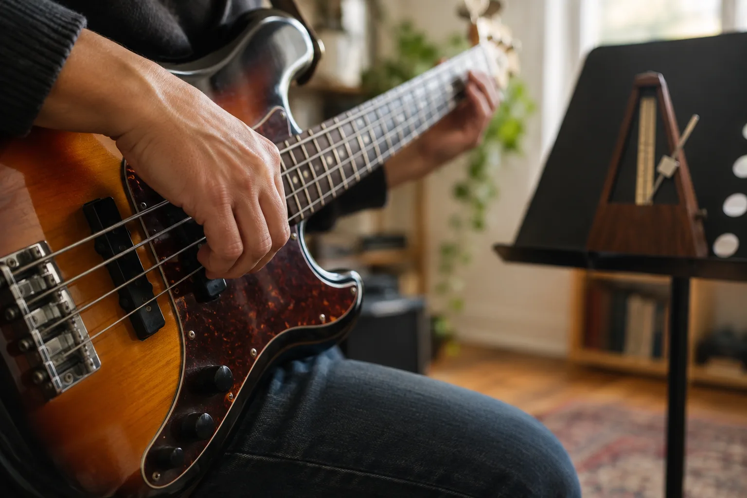 Une main joue de la basse tandis qu’un métronome reste visible en arrière-plan.