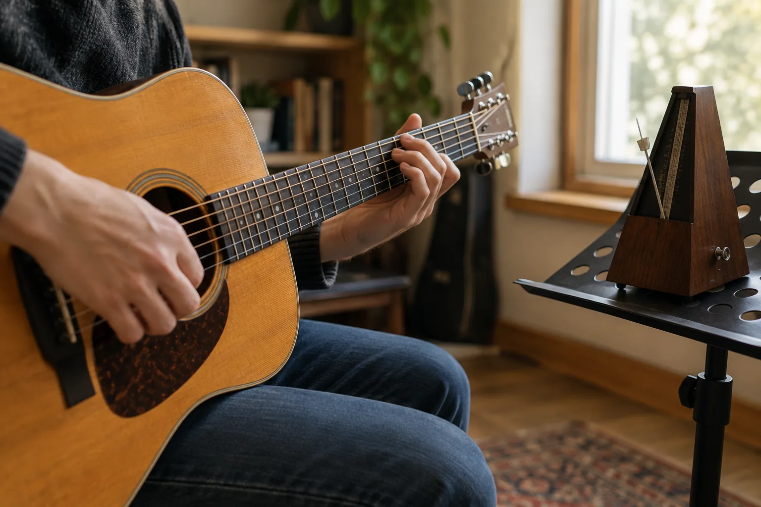 Des mains jouent de la guitare à côté d’un métronome posé sur un pupitre.