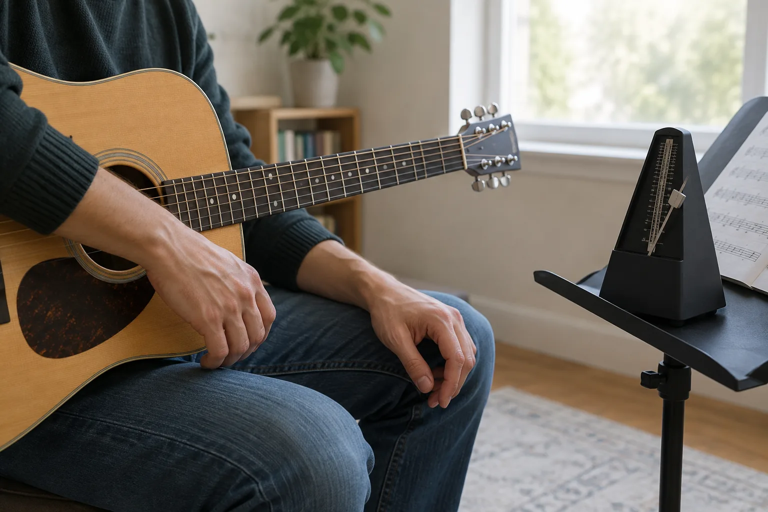 Une guitare et un métronome posés près d’un pupitre pendant une séance de travail.
