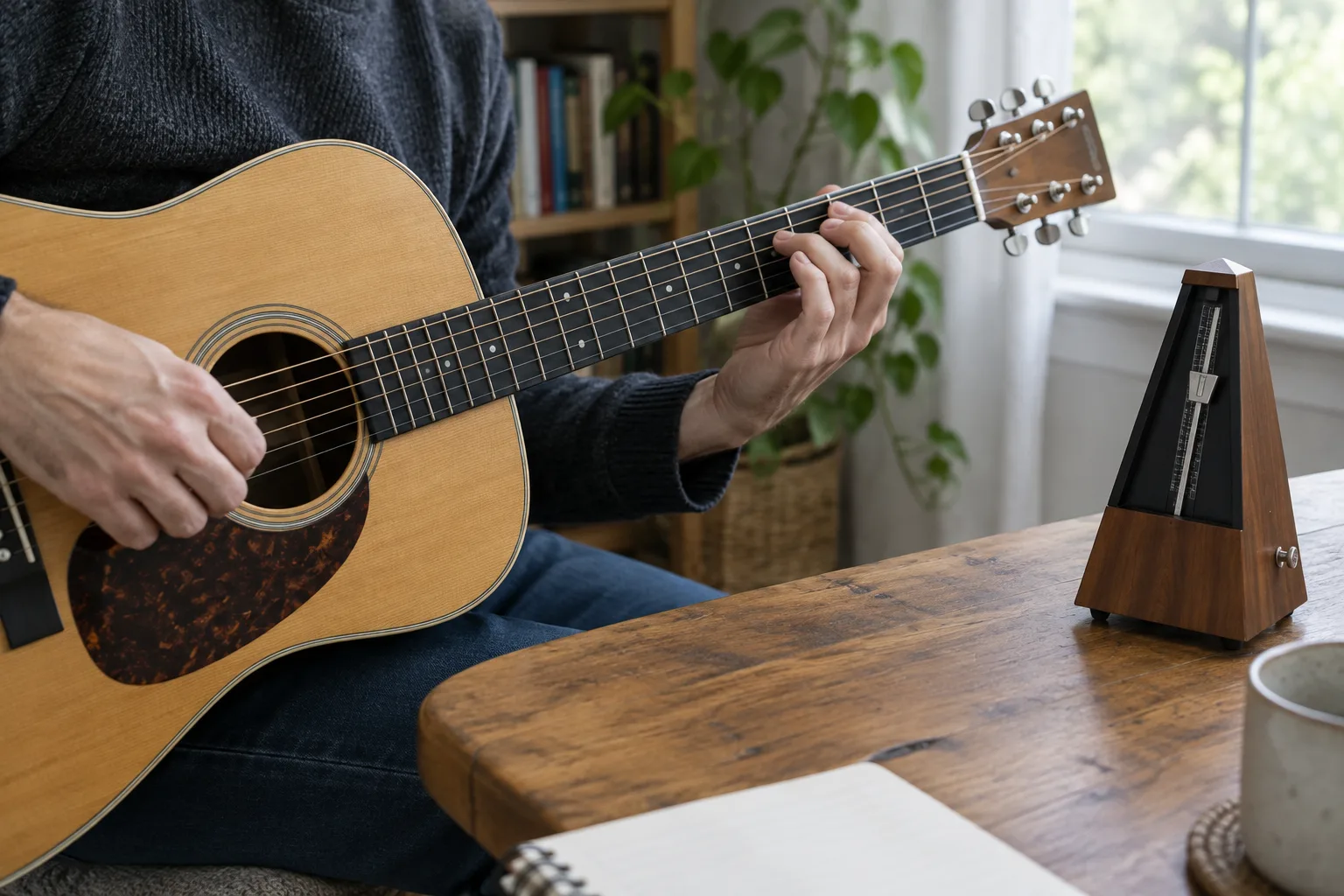 Des mains jouent de la guitare près d’un métronome posé sur une table.