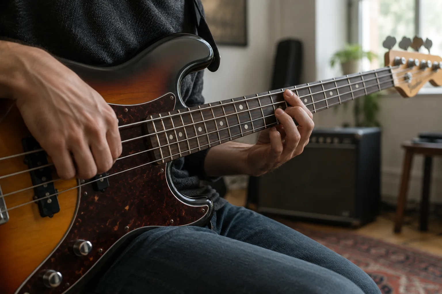 Gros plan sur les mains d’un musicien qui joue une basse électrique dans une salle de répétition.