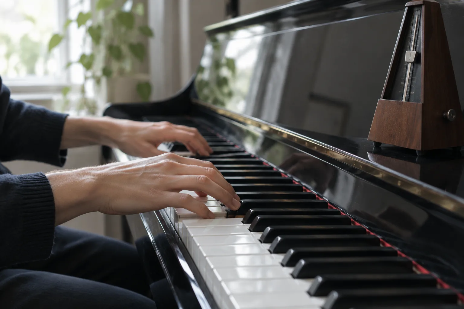 Un musicien travaille une courte phrase au piano, avec un métronome à proximité.