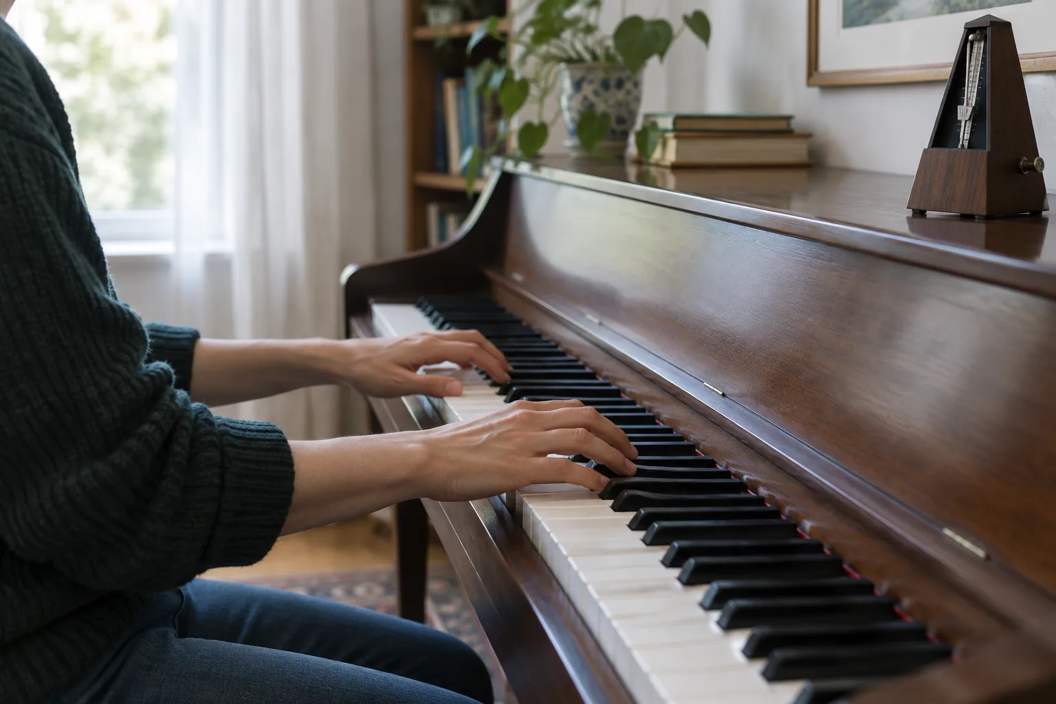 Des mains jouent du piano près d’un métronome posé sur le clavier.