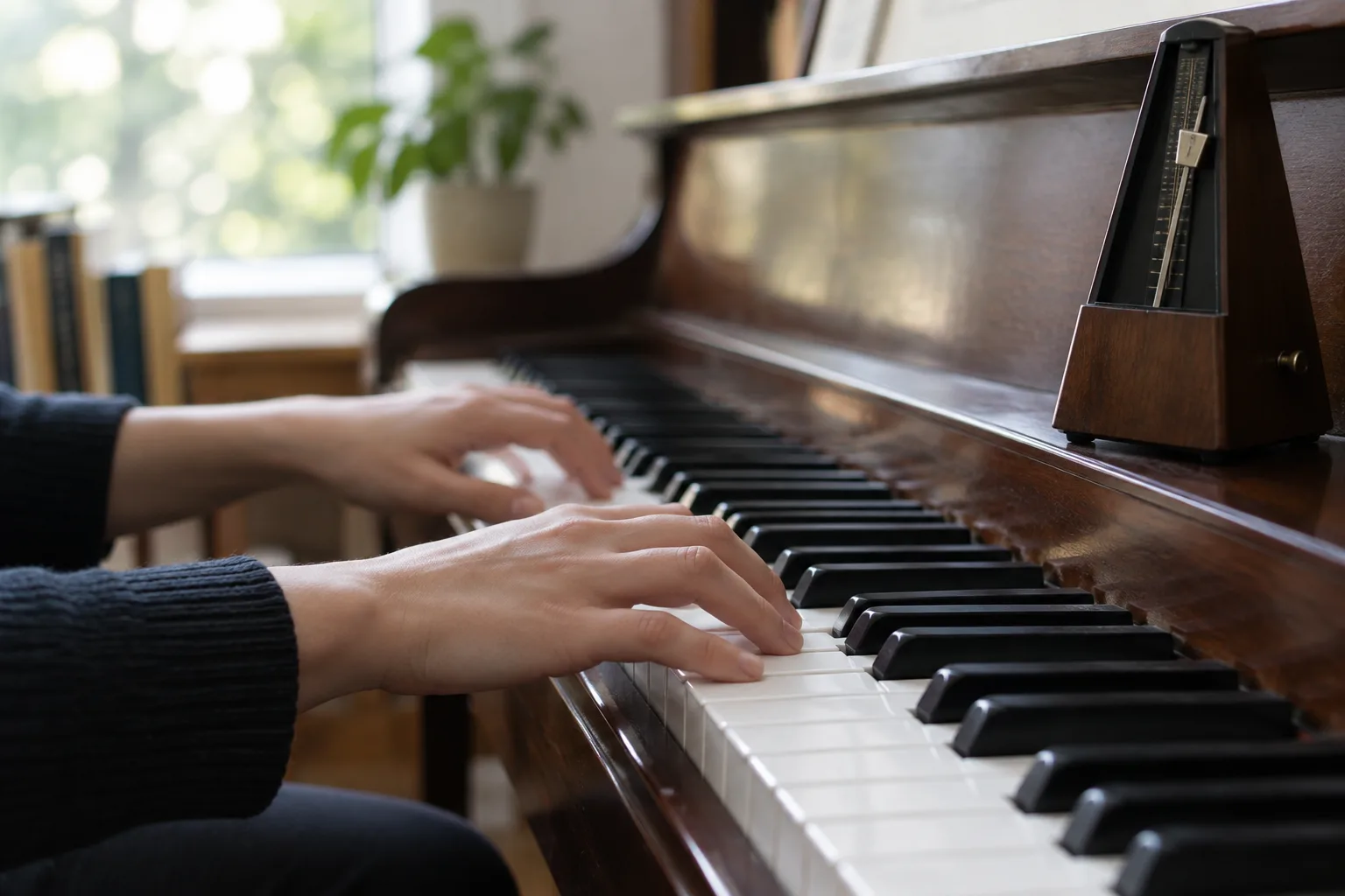 Un pianiste poursuit un motif tandis qu’un métronome reste posé près du clavier.