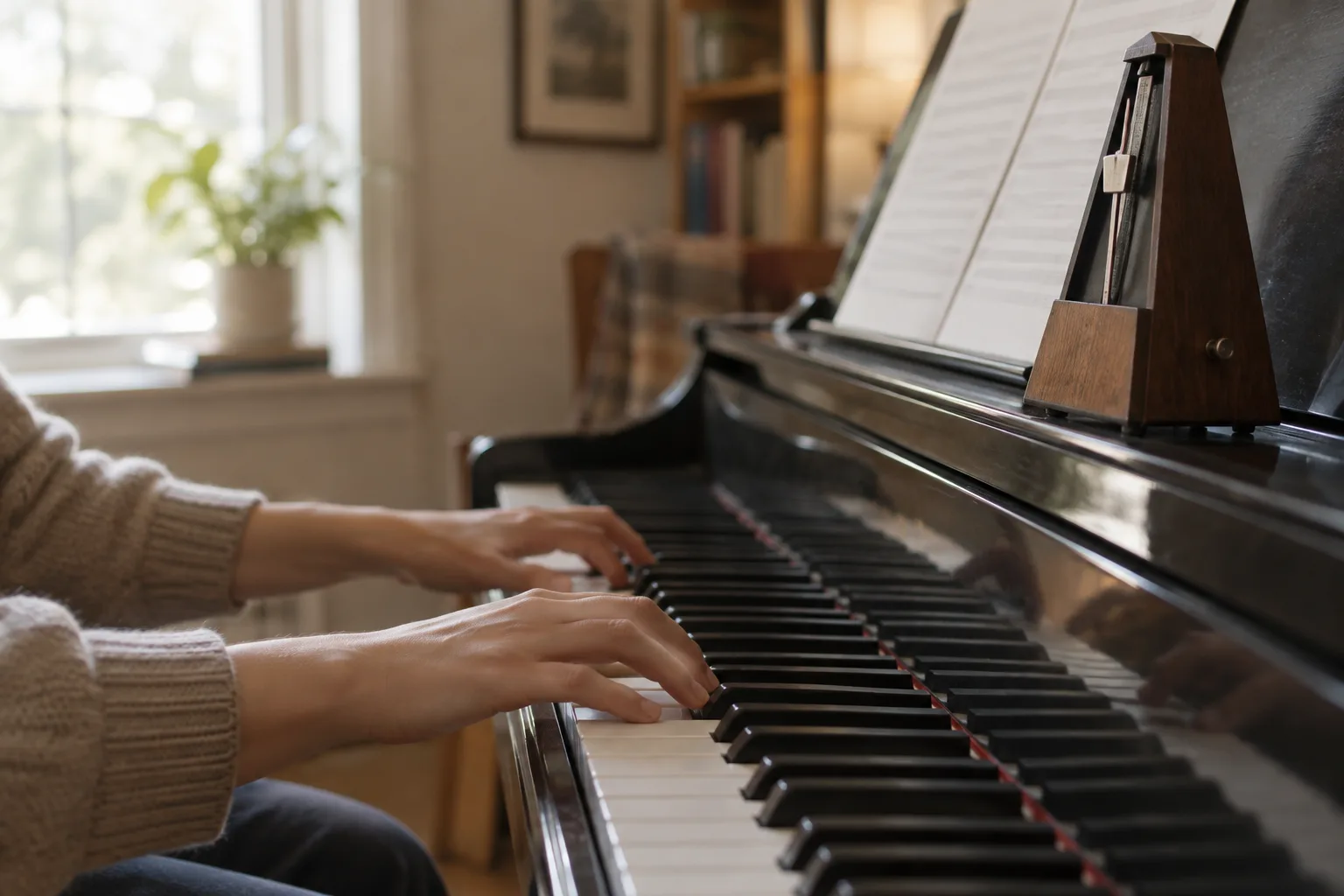 Mains au piano près d’un métronome dans une pièce de travail.