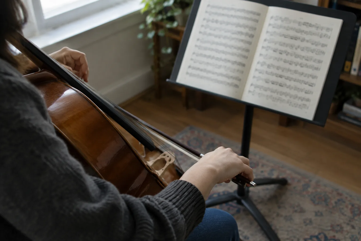 Une partition ouverte sur un pupitre, devant les mains prêtes à jouer d’un instrument.