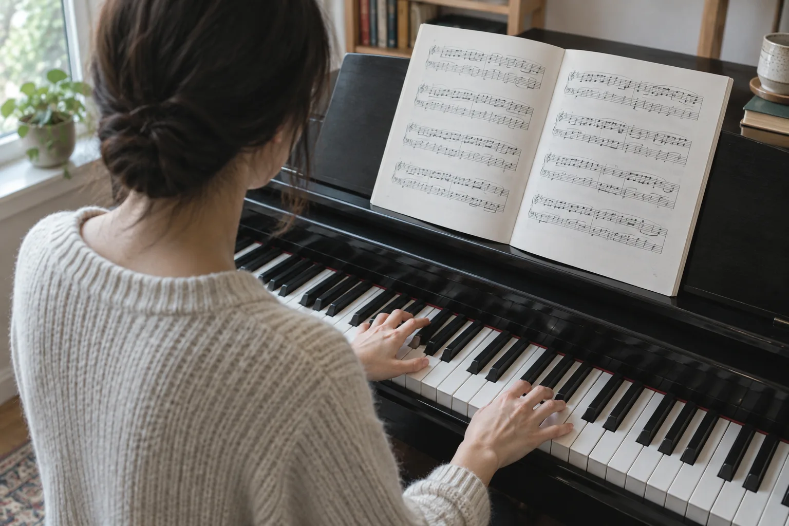 Des mains au piano devant une partition ouverte pendant un exercice de lecture à vue.