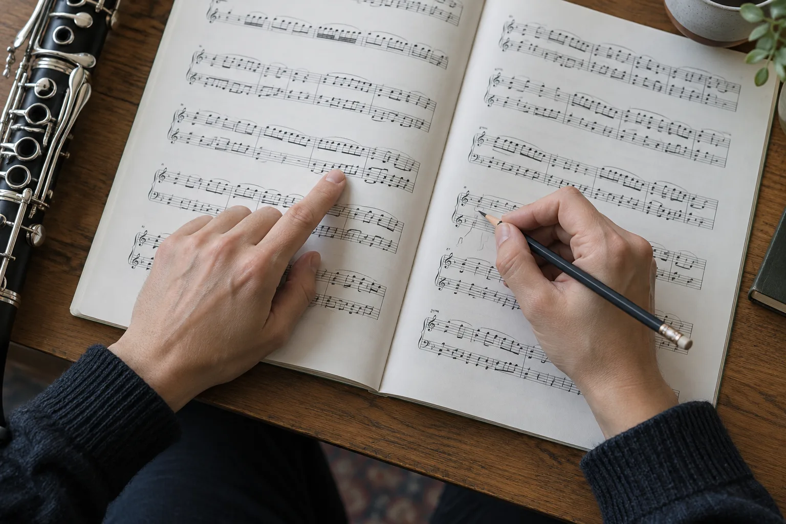 Une main suit un passage sur une partition ouverte, près du clavier d’un instrument.