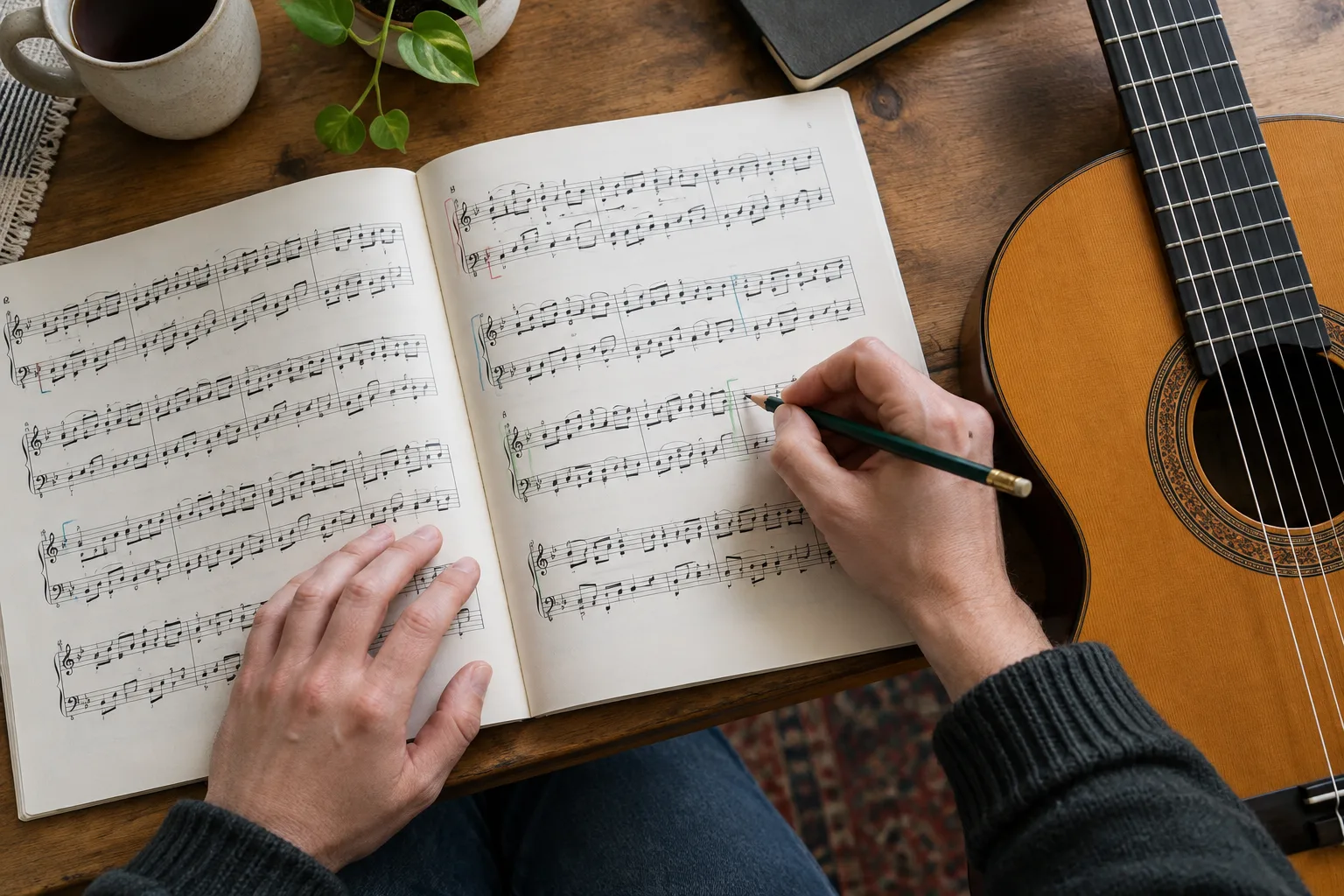 Des mains repèrent les sections d’une partition posée près d’une guitare.