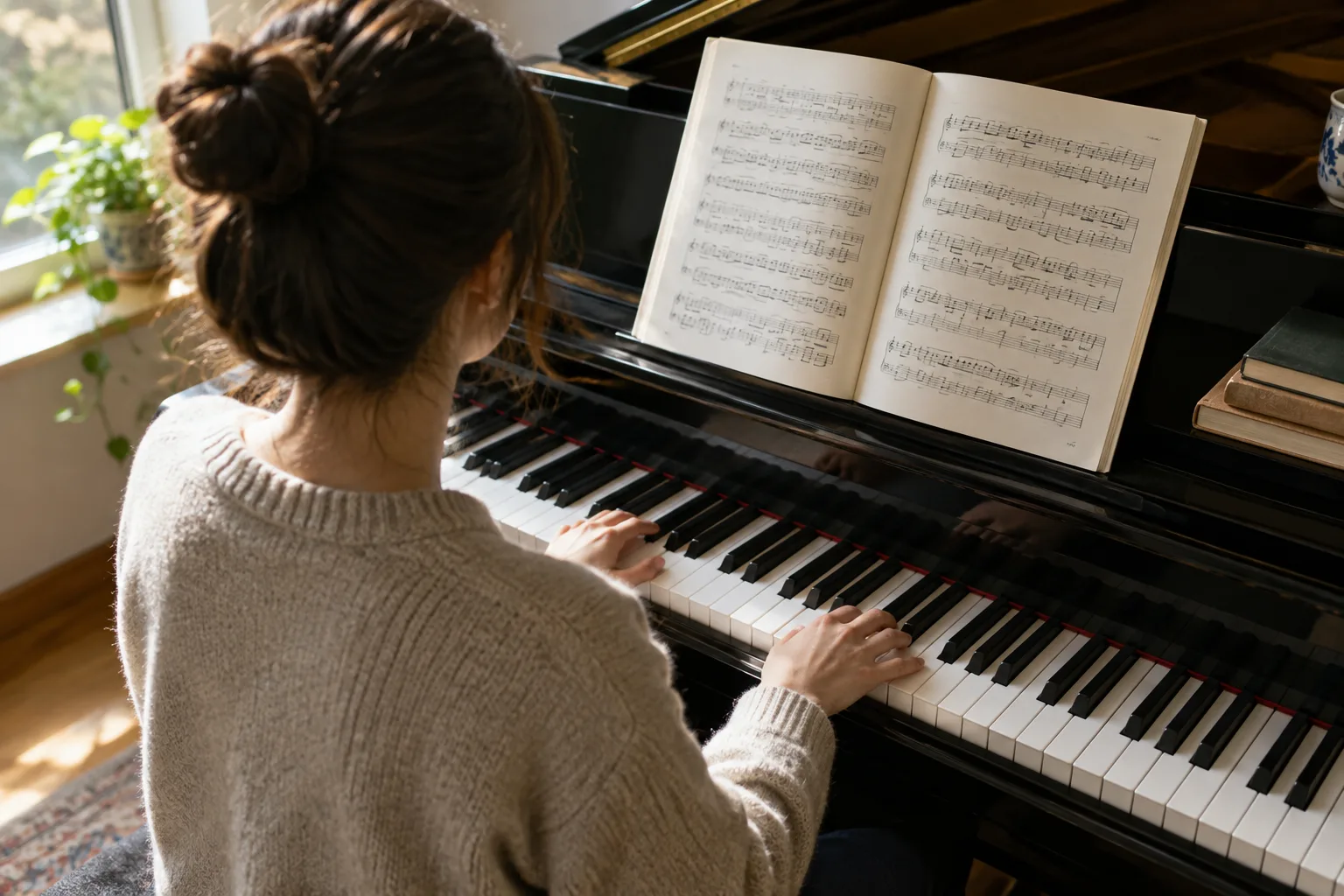 Un musicien au piano travaille avec une partition ouverte à côté du clavier.