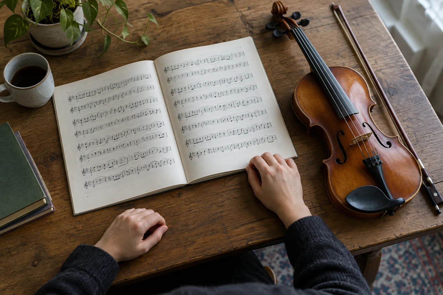 Partition ouverte et violon posés sur une table pendant une séance de travail.