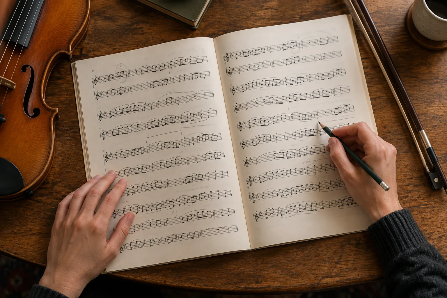 Partition annotée à côté d’un instrument, avec des repères tracés pour distinguer les sections.