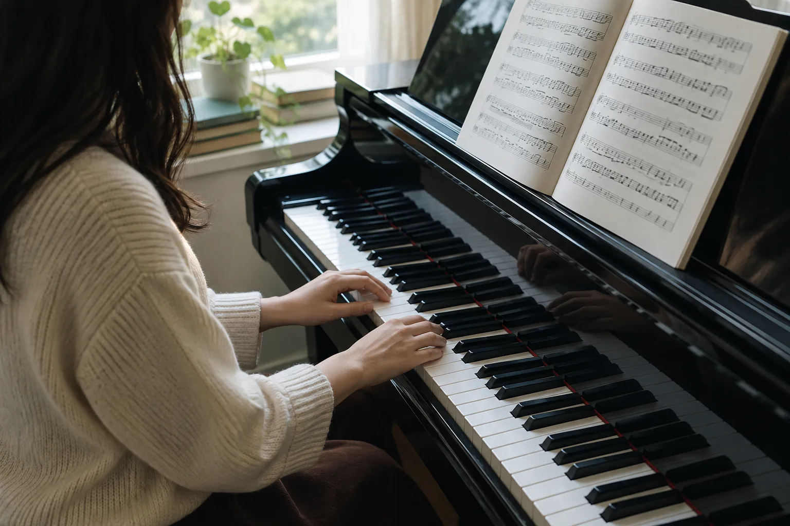 Partition ouverte près d’un instrument pendant une séance de travail musical.