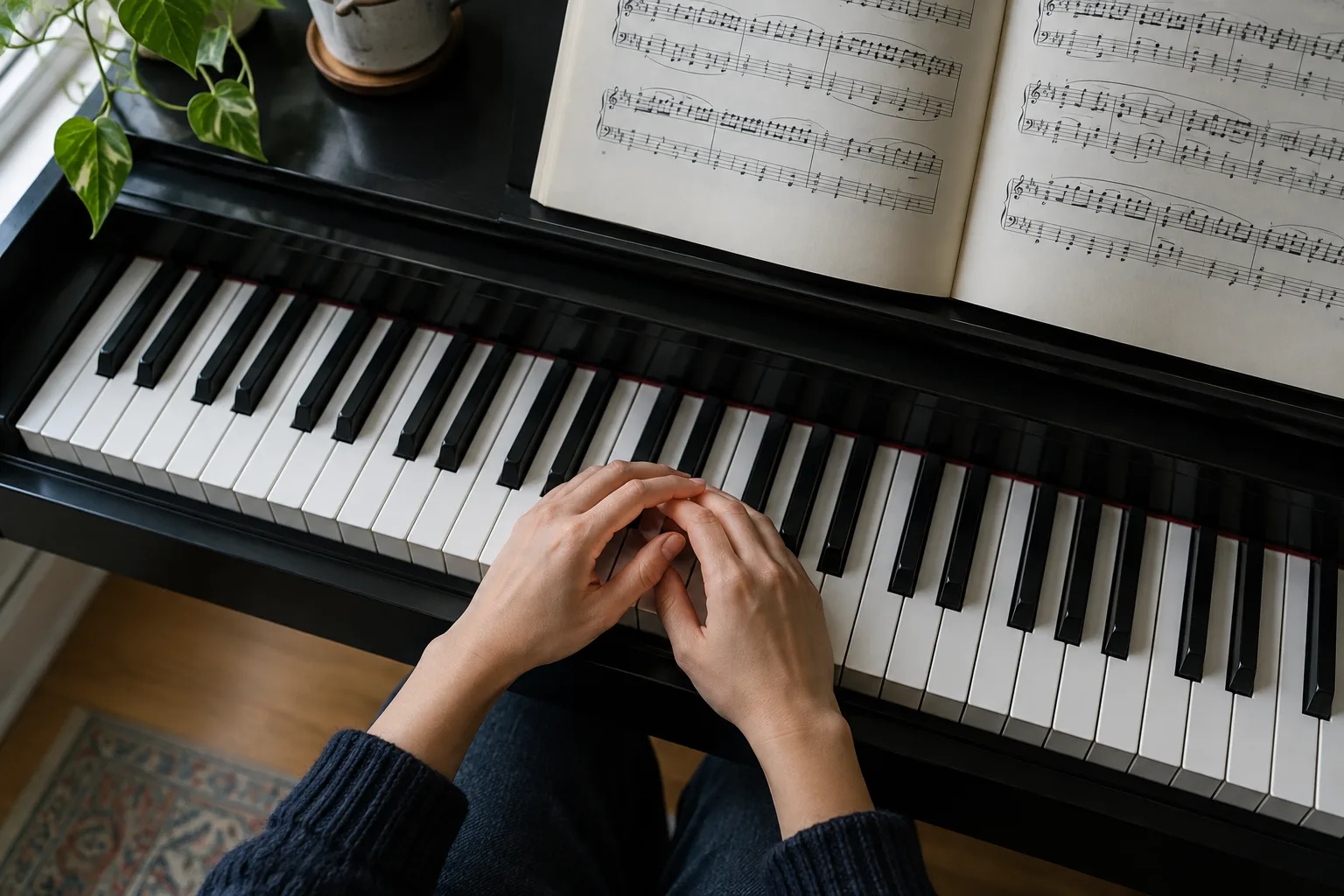 Des mains au-dessus d’un clavier de piano, près d’une partition ouverte.