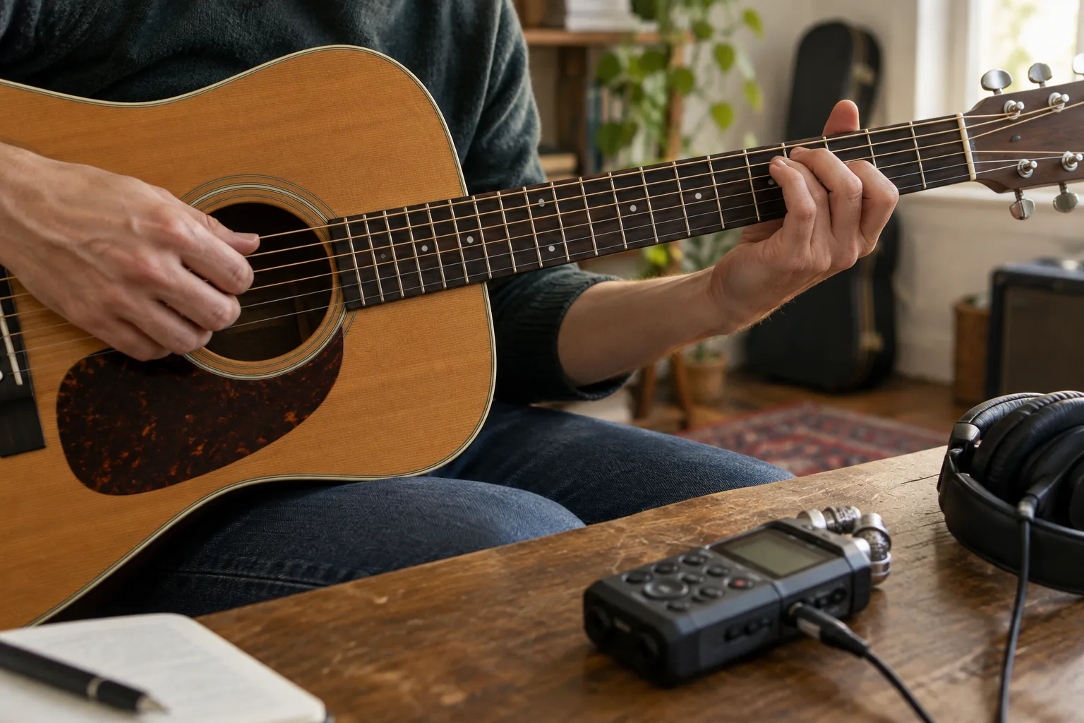 Un guitariste joue une courte phrase près d’un enregistreur et d’un casque audio.