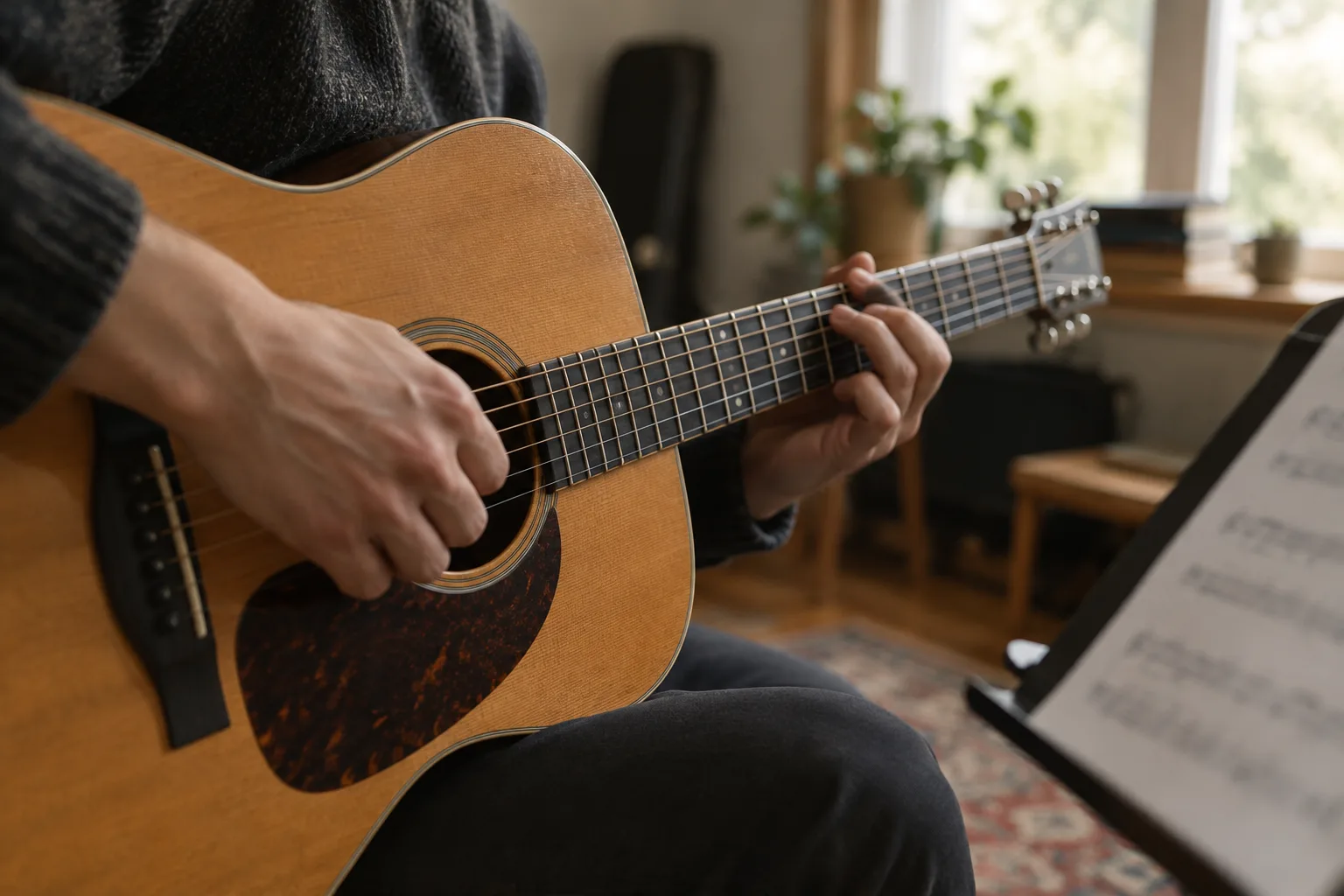 Des mains jouent une guitare acoustique dans une pièce éclairée par la lumière du jour.