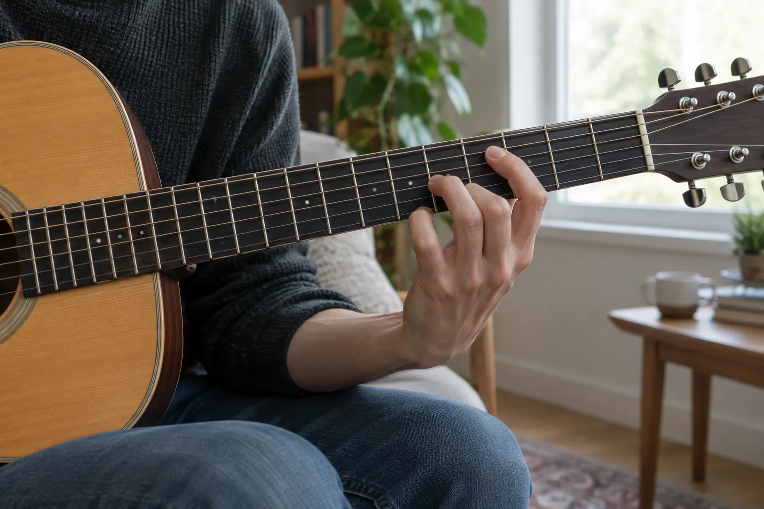 Main gauche d’un guitariste en déplacement sur le manche entre deux positions.