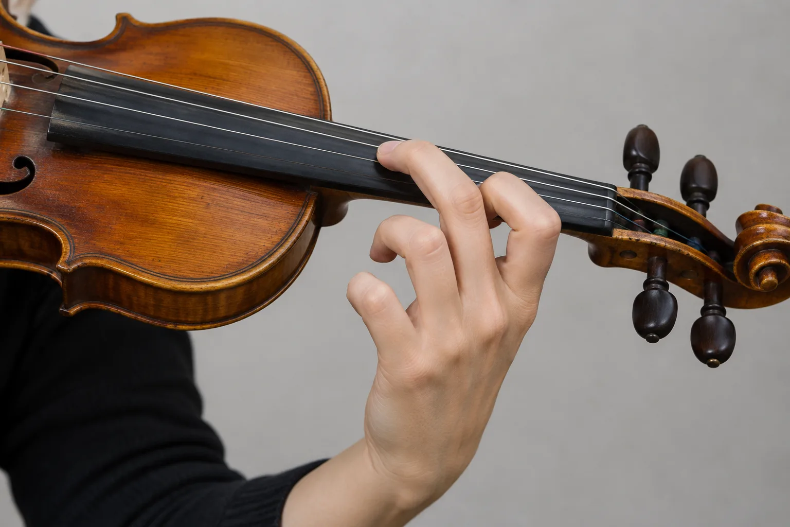 Main gauche qui glisse légèrement sur le manche du violon pour travailler un déplacement entre deux notes.
