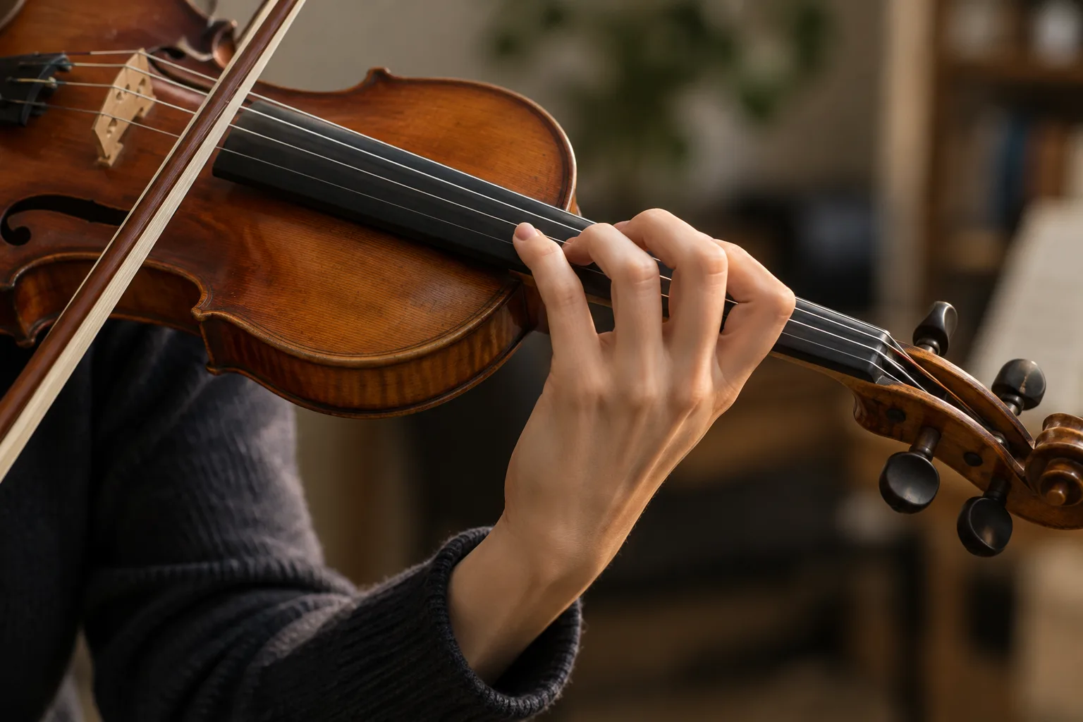 Main gauche d’un violoniste placée sur le manche pendant un exercice de démanché.