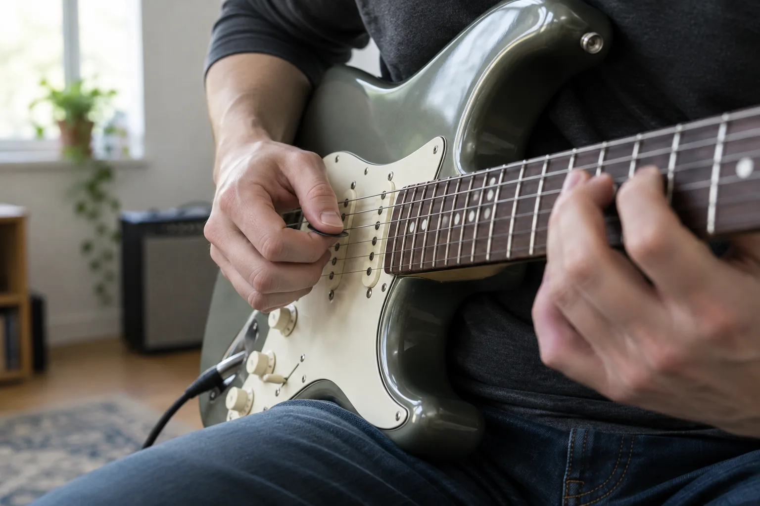 Gros plan sur une main qui travaille l’alternance au médiator sur les cordes d’une guitare électrique.