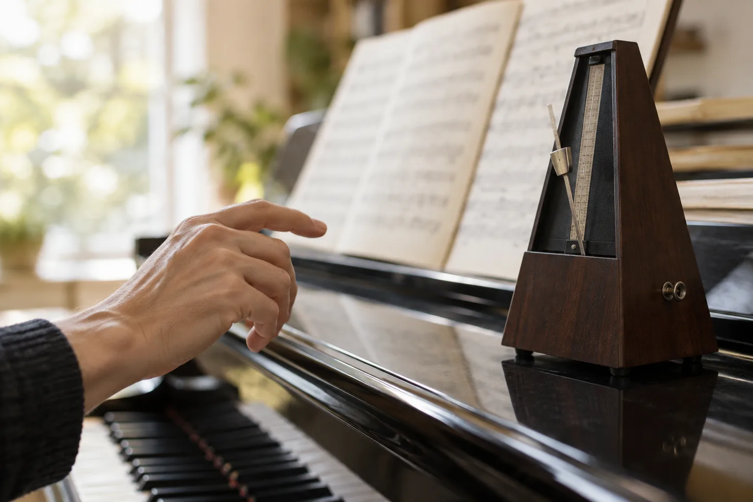 Une main marque doucement la pulsation à côté d’un métronome posé sur un piano.