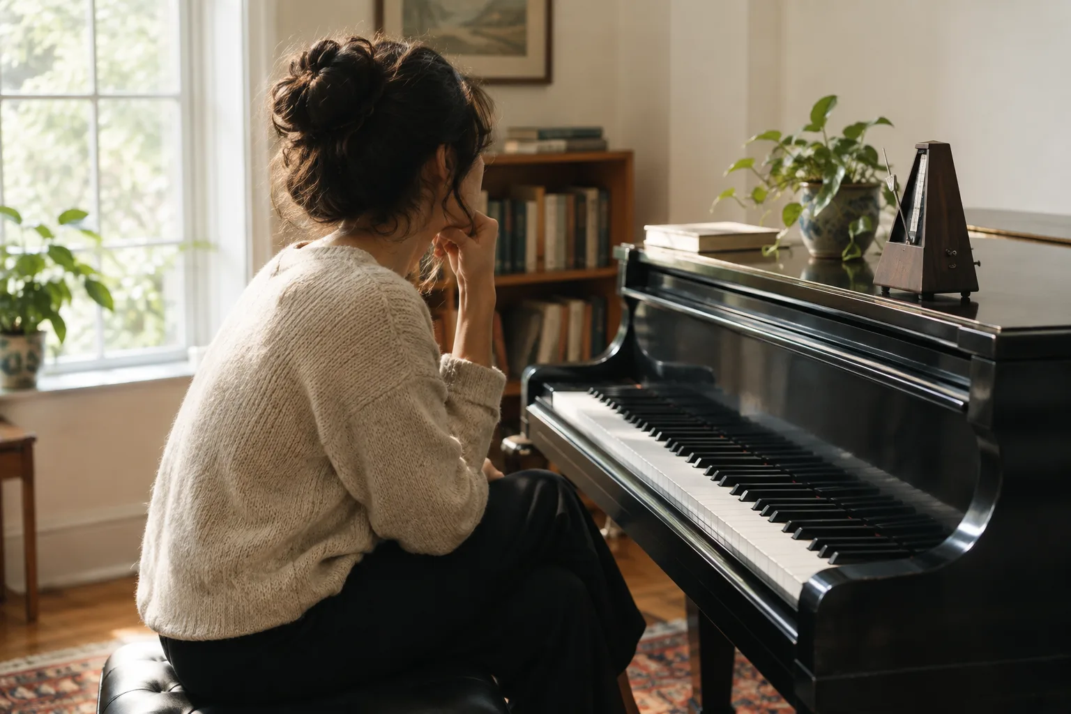 Un métronome posé près d’un piano dans une pièce éclairée par la lumière du jour.