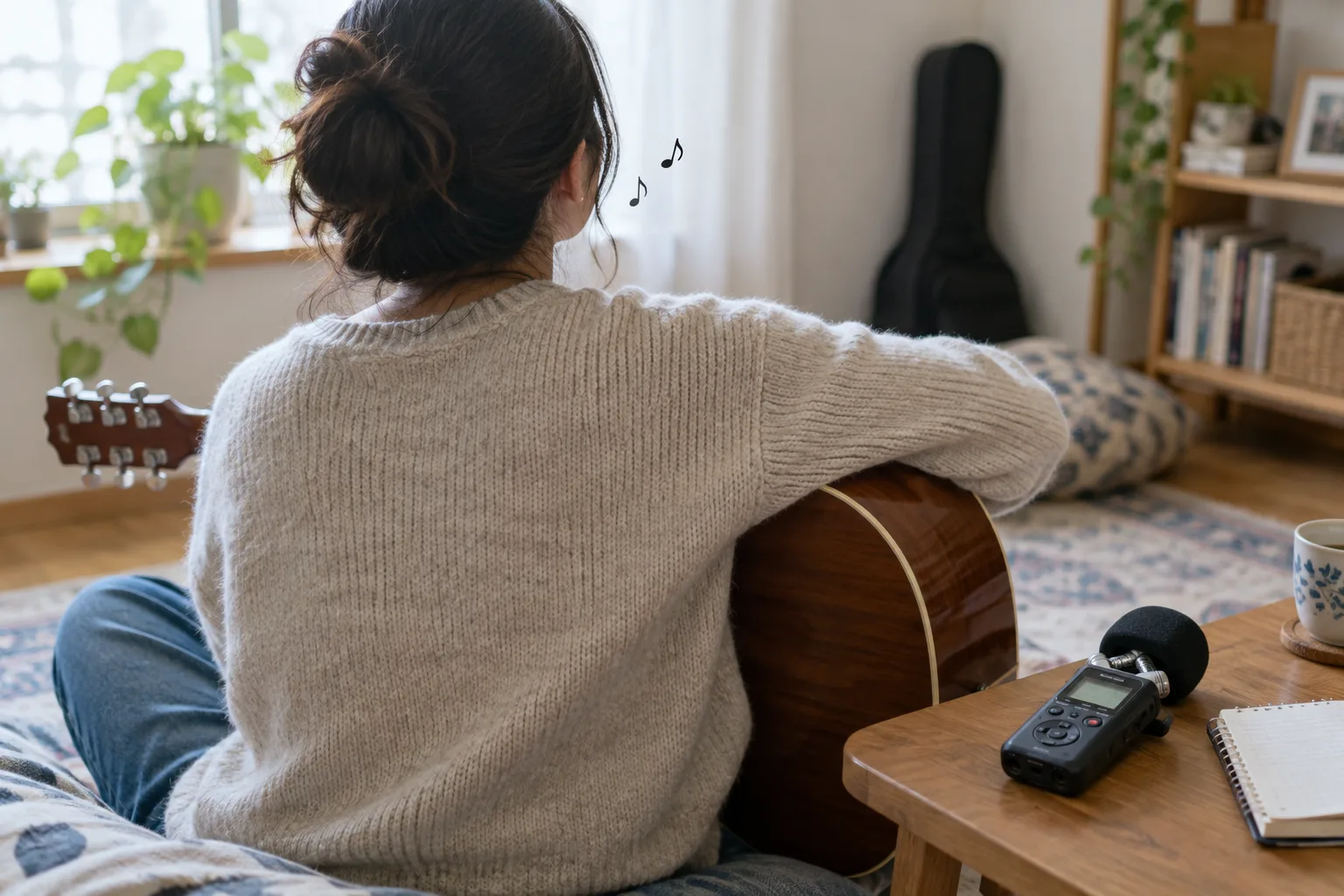 Une personne fredonne une mélodie près de sa guitare et d’un enregistreur.