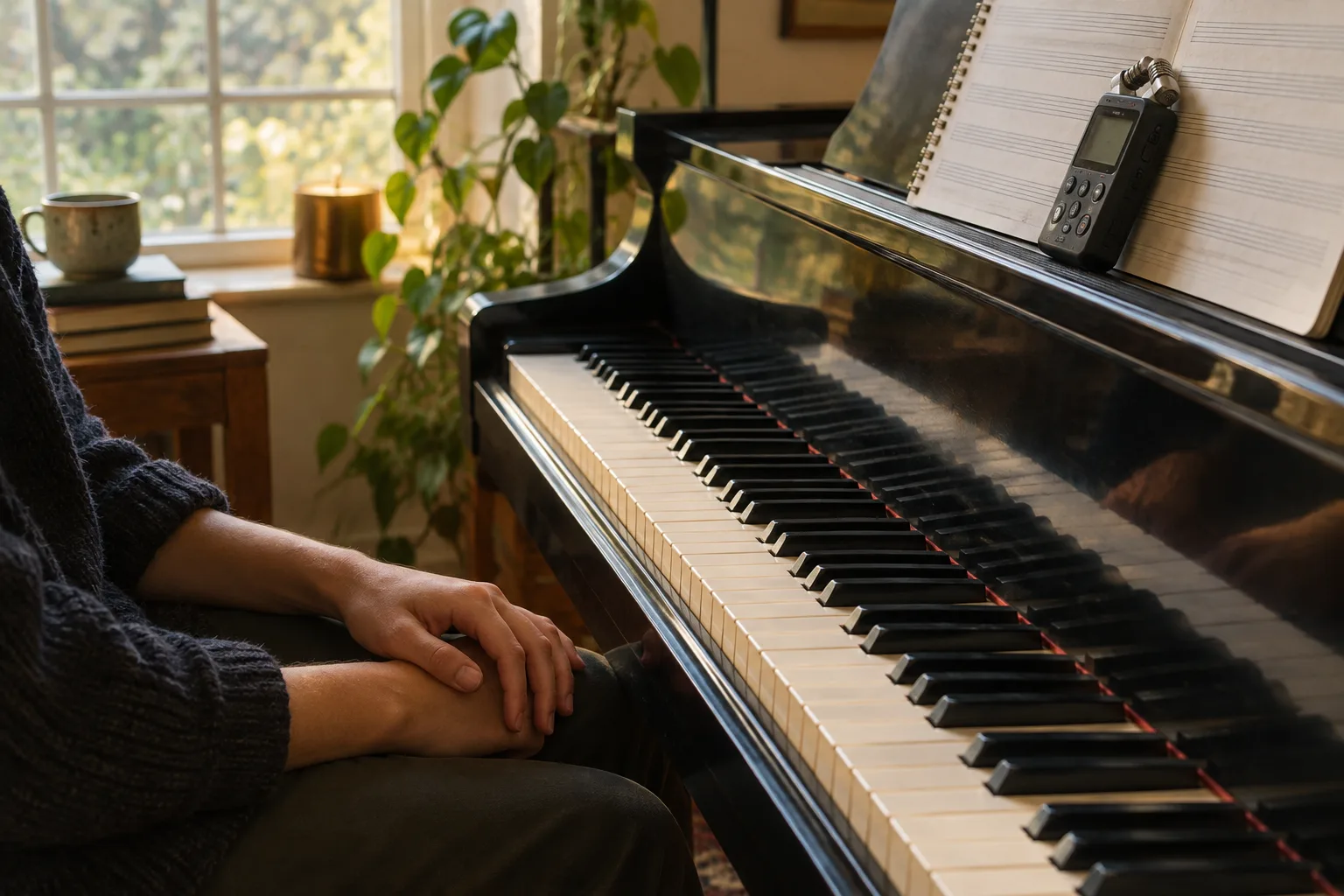 Un clavier et un petit enregistreur installés dans un espace de pratique musicale.