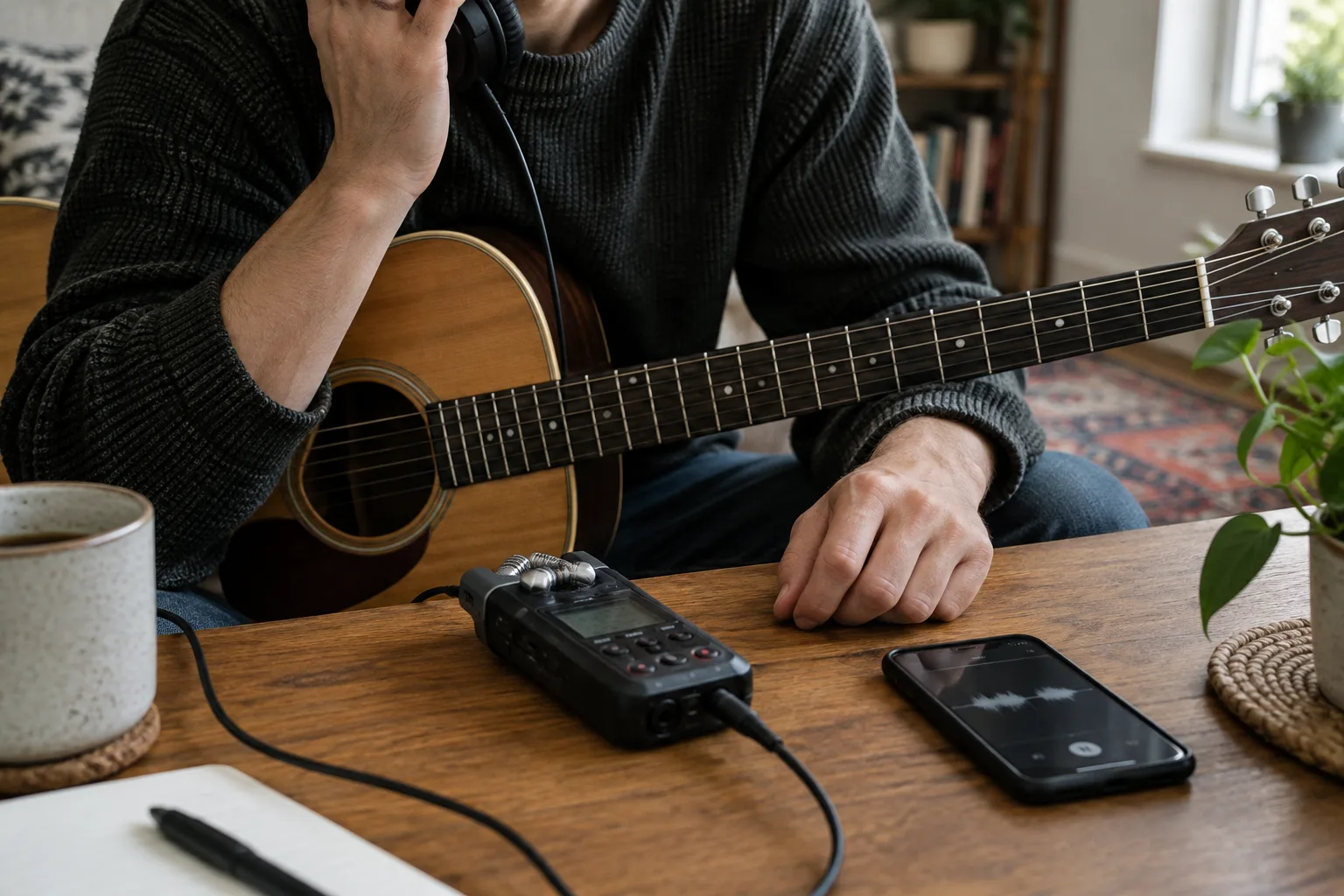 Un musicien écoute un court enregistrement près de sa guitare et de son enregistreur.