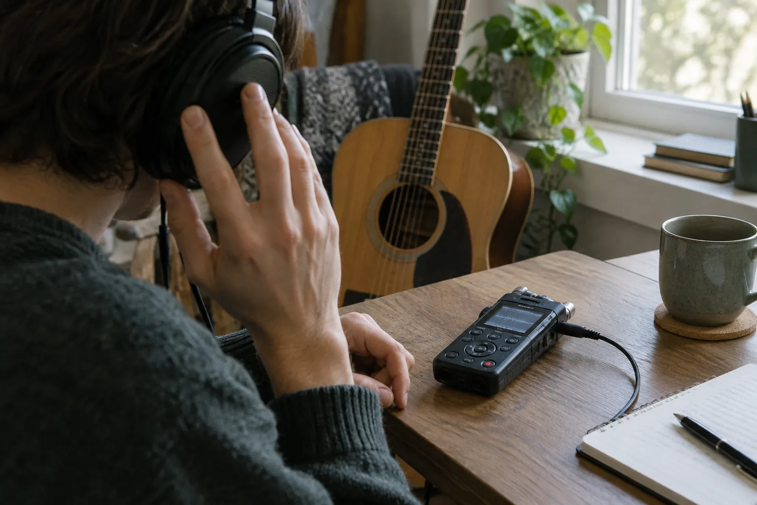 Un musicien réécoute un enregistrement de guitare avec un casque posé près de son instrument.